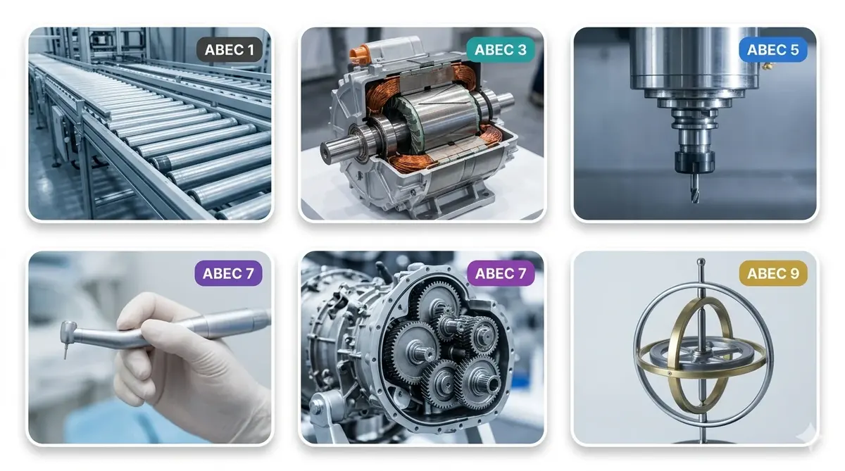 Six-panel grid showing ABEC class applications — conveyor roller (ABEC 1), EV traction motor (ABEC 3), CNC milling spindle (ABEC 5), dental handpiece (ABEC 7), industrial gearbox (ABEC 7), gyroscope (ABEC 9)