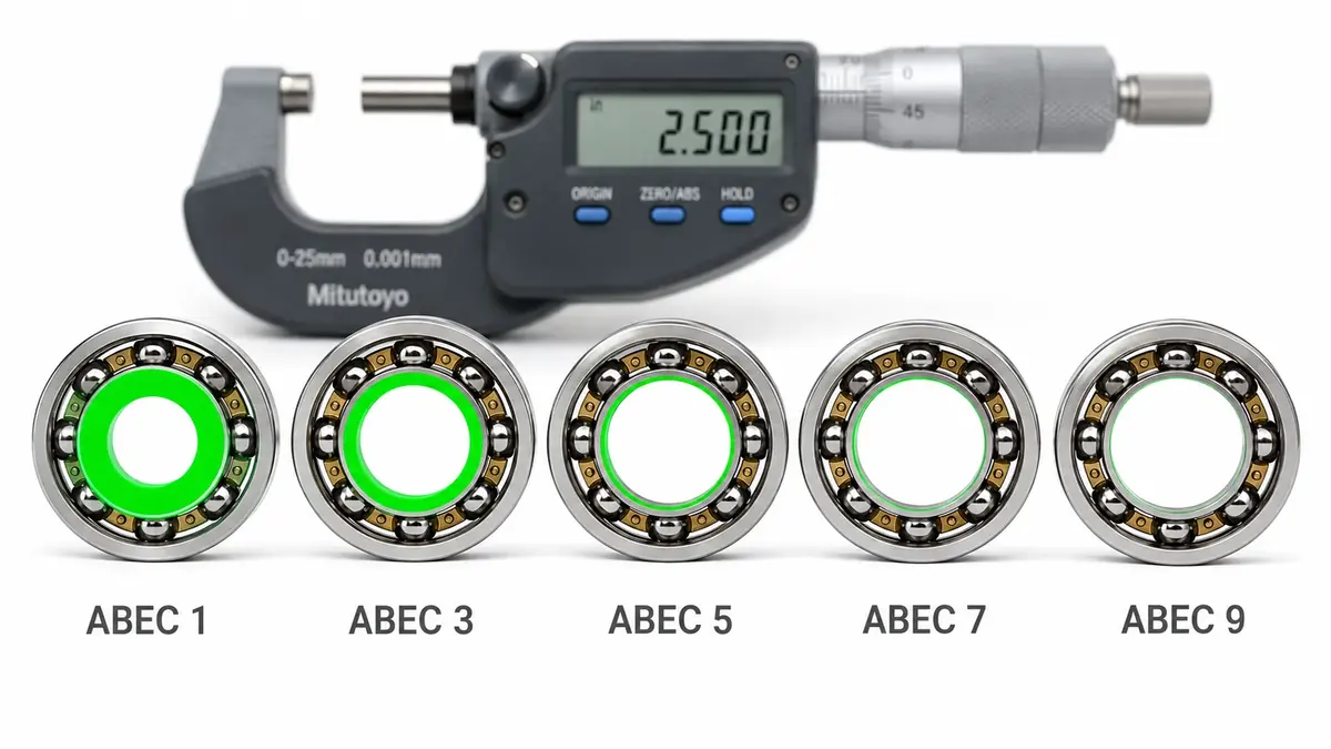 Five ball bearings labeled ABEC 1 through ABEC 9 showing progressively narrower green tolerance bands inside the bore, with a Mitutoyo micrometer displaying 2.500 in the background