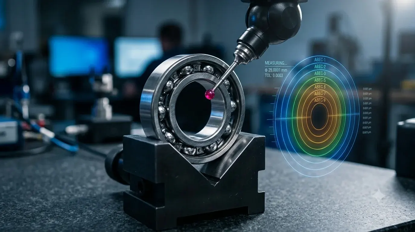 Coordinate measuring machine probe touching the bore of a deep groove ball bearing on a V-block, with an ABEC 1 to 9 tolerance band overlay alongside