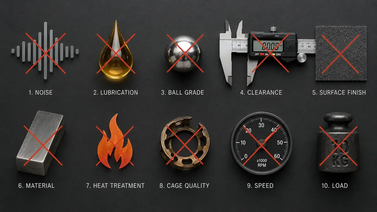 Flat-lay infographic showing 10 bearing properties ABEC does not measure — noise, lubrication, ball grade, clearance, surface finish, material, heat treatment, cage quality, speed, and load — each marked with a red X