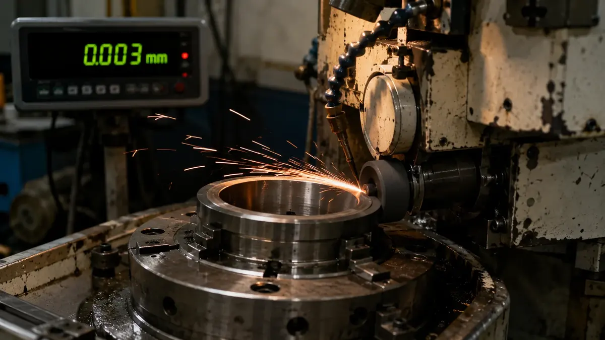 CNC internal grinding machine finishing a bearing inner ring with sparks trailing from the grinding wheel, digital readout showing 0.003 mm precision