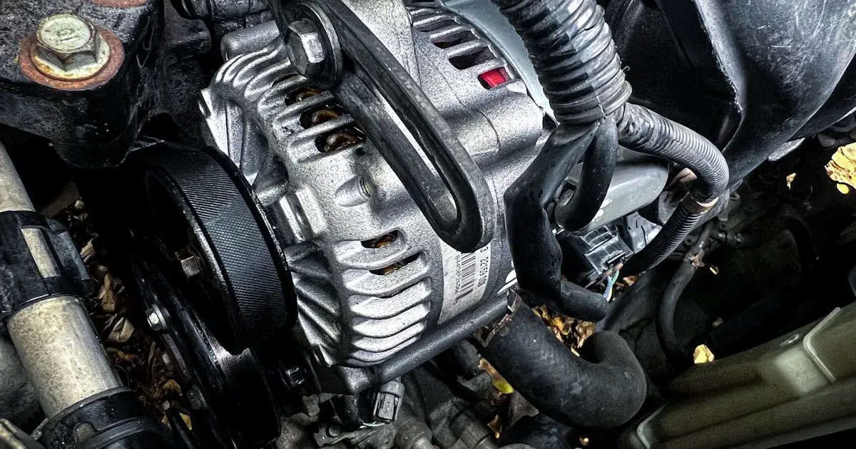 Engine bay of a modern vehicle highlighting the alternator and accessory drive belts