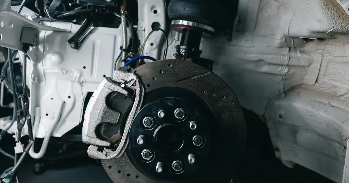 Disassembled front suspension and wheel hub of a passenger car on a workshop floor