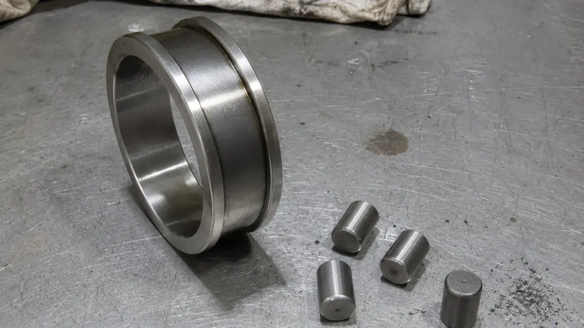 Cylindrical roller bearing inner ring with a solid integral rib at each end of the recessed raceway, the shoulders that carry axial load in a locating bearing, shown with four loose cylindrical rollers alongside