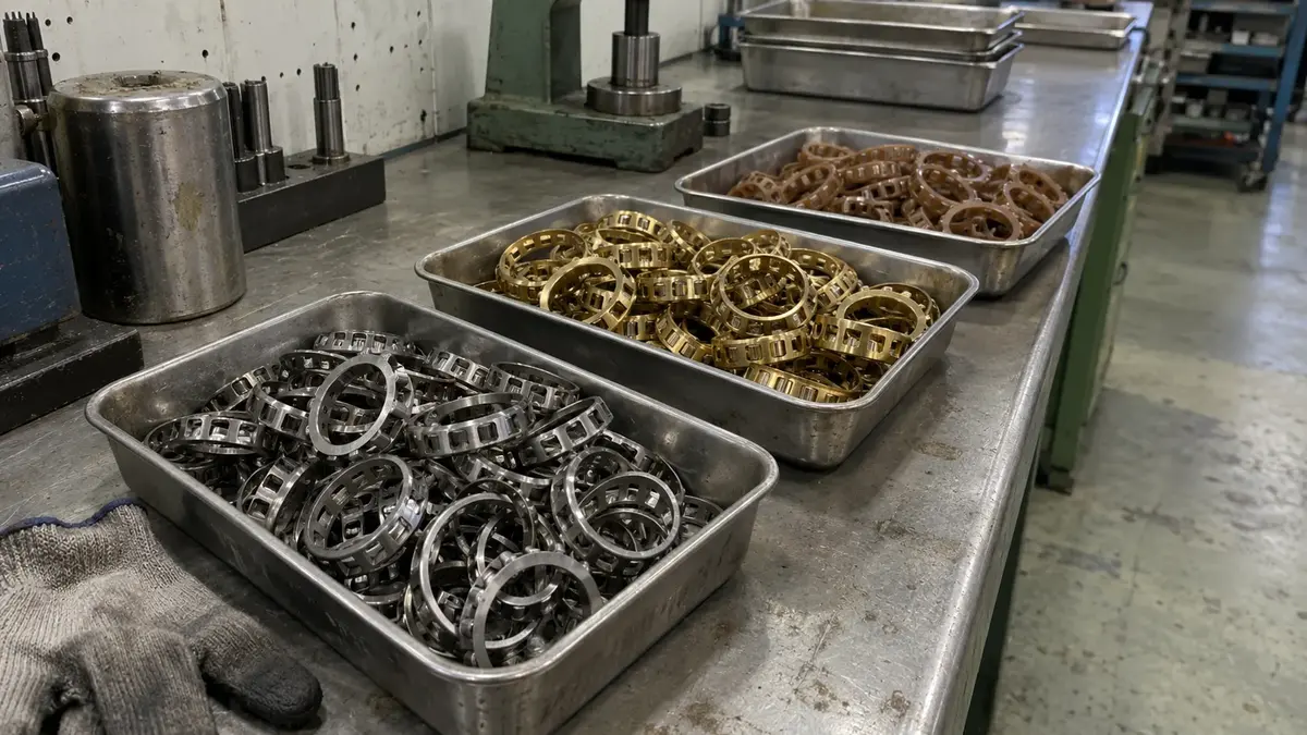Three parts trays on a workshop bench holding bearing cages sorted by material, pressed steel in the front tray, machined brass in the middle and moulded nylon at the back, showing that a cage change is a stocked component choice rather than a redesign