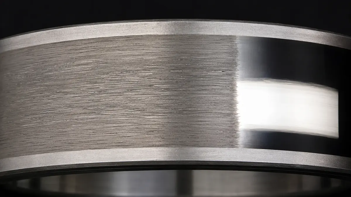 Bearing raceway half worn to a dull matte grey with fine circumferential scratch lines and half still mirror polished, the abrasive wear bearing failure pattern from particle contamination or lubricant starvation