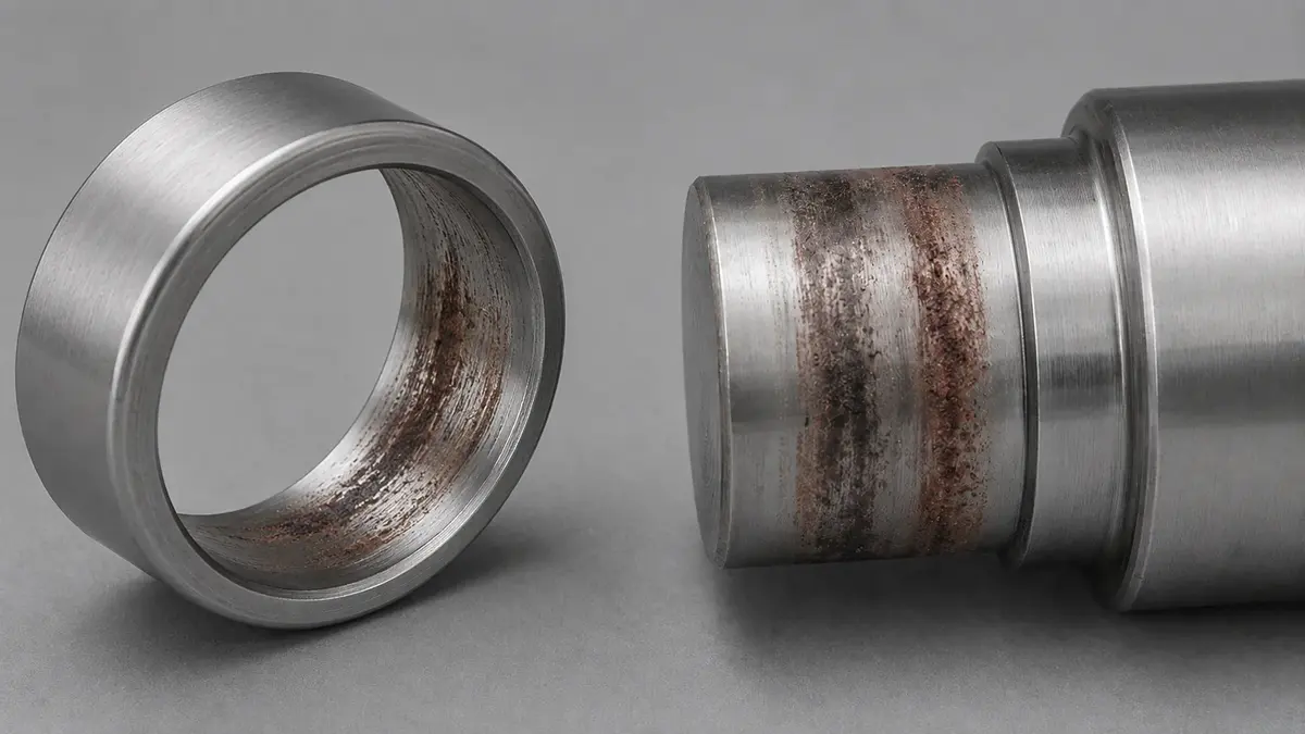 Bearing inner ring bore and its shaft seat showing patches of dry reddish brown and black oxide powder with the ground finish scuffed away, the fretting corrosion bearing failure pattern from a fit that is too loose