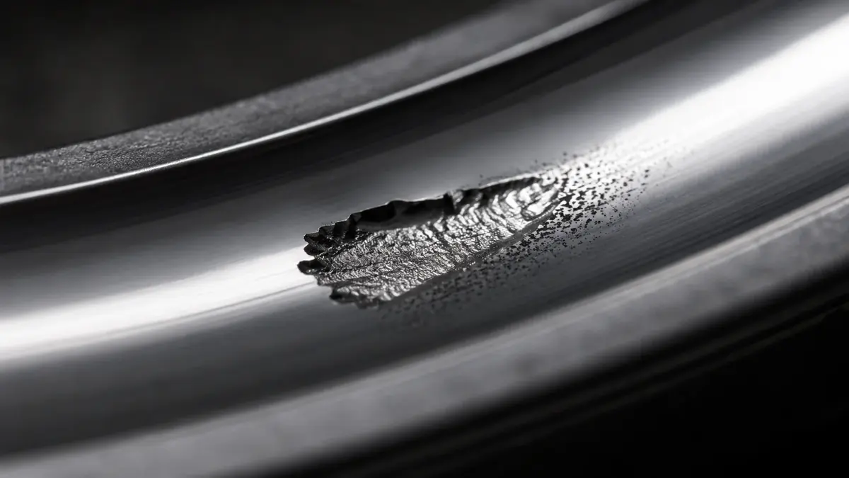 Macro of a bearing raceway where a single flake has broken away with sharp stepped edges, ringed by fine micropitting, the classic rolling contact fatigue bearing failure pattern