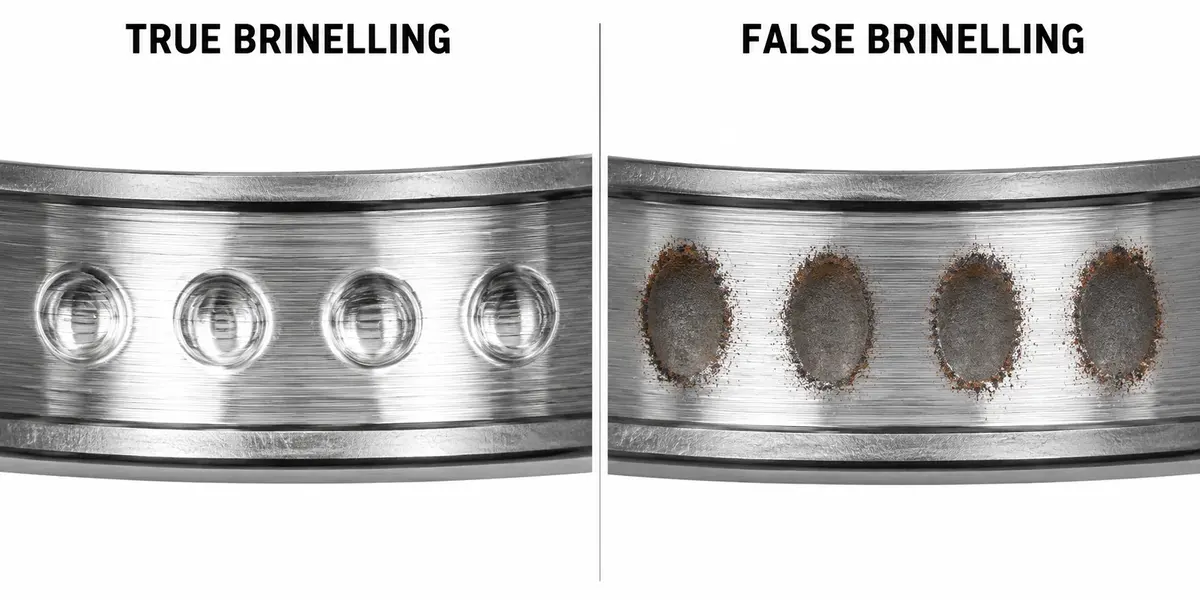 Side by side comparison of true brinelling, four shiny dents with the ground finish still running through them, and false brinelling, four dull patches at the same spacing with the finish worn away and oxide at the edges