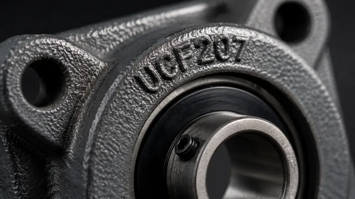 Close-up of a square cast-iron flange bearing housing with the designation UCF207 cast into the face, beside the insert bore and set-screw