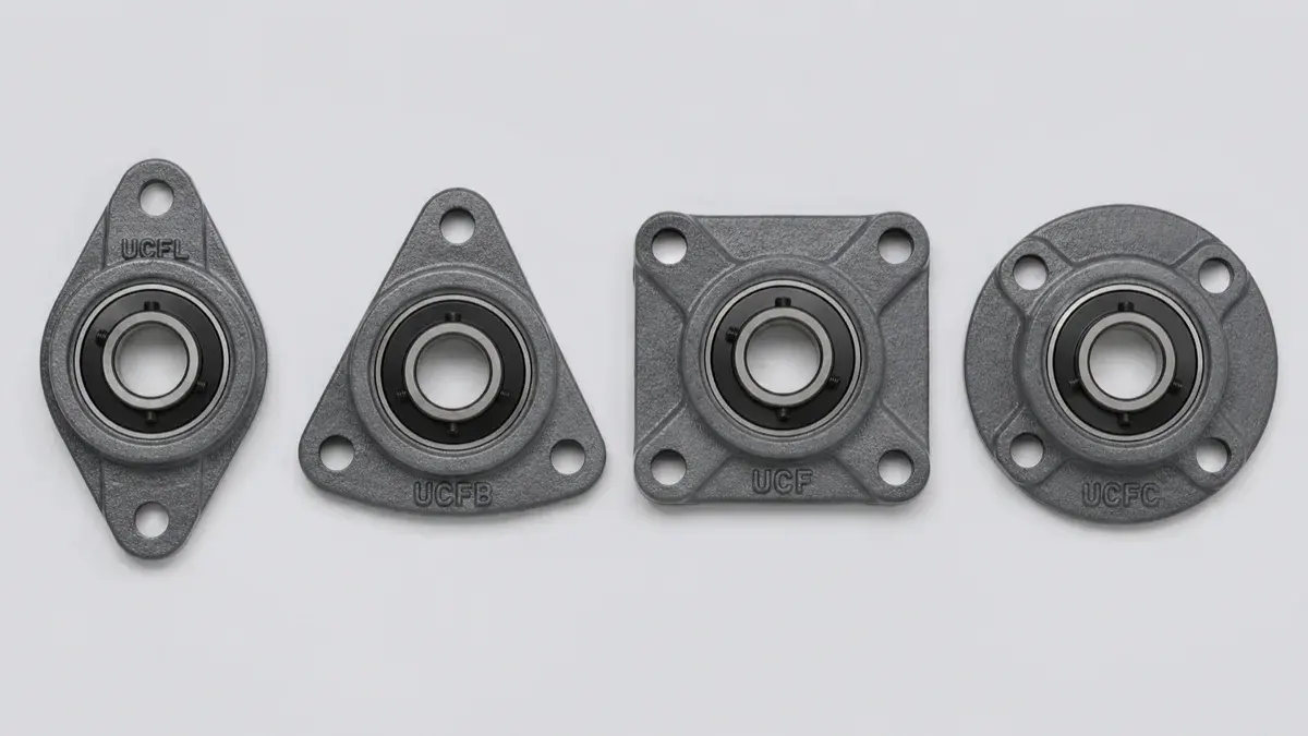 Four flange bearing types side by side: oval two-bolt UCFL, triangular three-bolt UCFB, square four-bolt UCF, and round four-bolt UCFC cast-iron housings