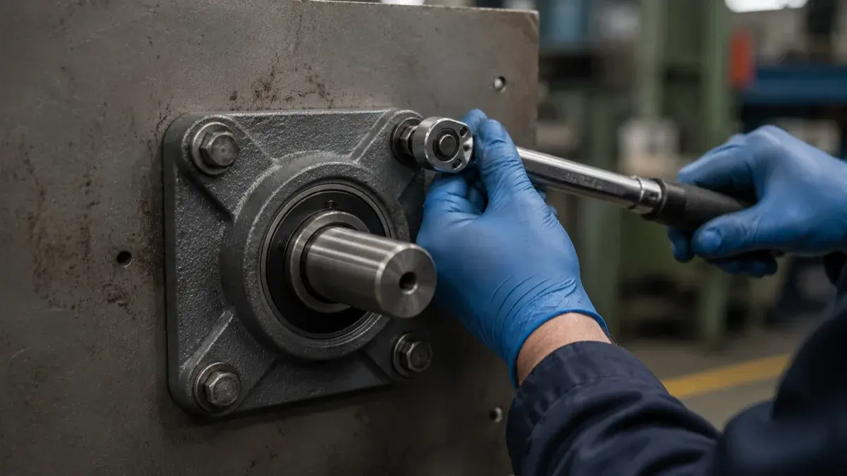 Technician in blue nitrile gloves tightening a corner bolt on a flange bearing unit bolted to a vertical steel end plate, using a torque wrench