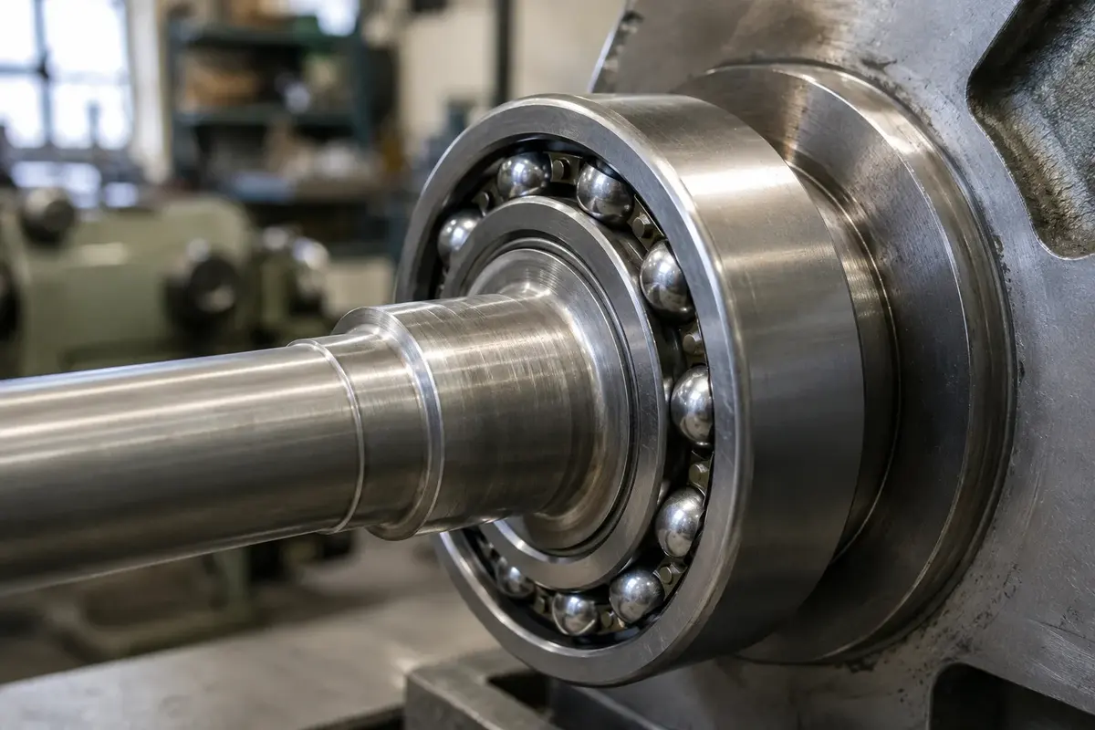 A ball bearing mounted on a machined stepped steel shaft in a workshop, where the interference fit seats the inner ring against the shaft shoulder and consumes part of the radial clearance