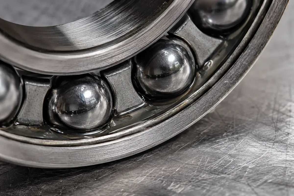 Macro close-up of polished steel balls seated in a ball bearing raceway, with the small radial gap between the rolling elements and the rings that internal clearance measures