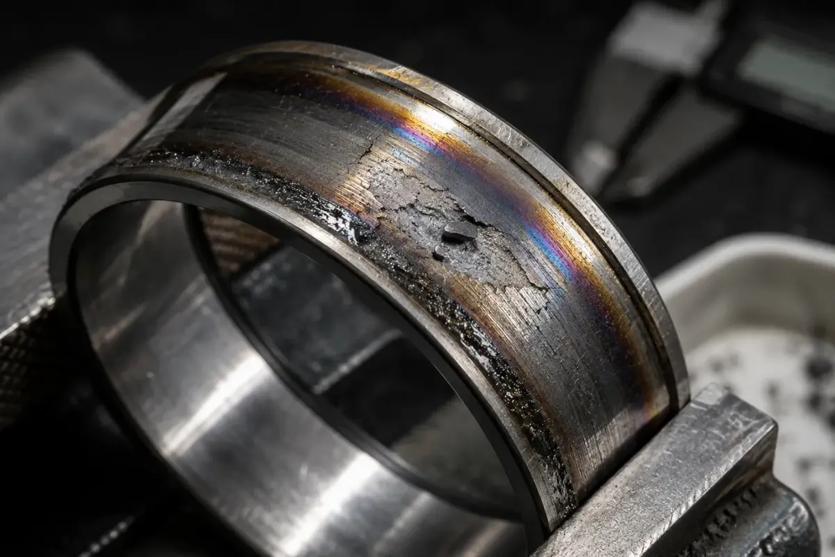 Bearing ring raceway showing heat discoloration and surface spalling damage caused by lubrication failure