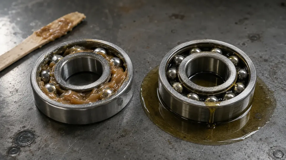 Side-by-side comparison of a grease-packed ball bearing next to a second bearing sitting in a pool of lubricating oil