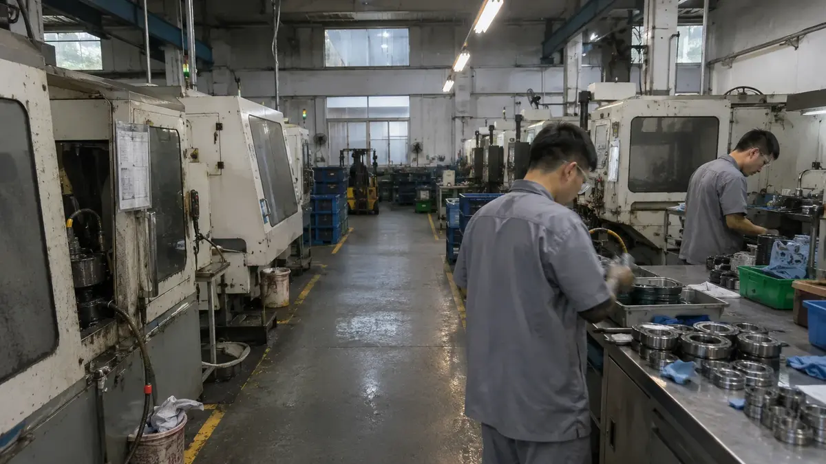 ANDE bearing production floor: workers in grey uniforms inspecting finished bearing rings at a bench beside a line of CNC grinding machines