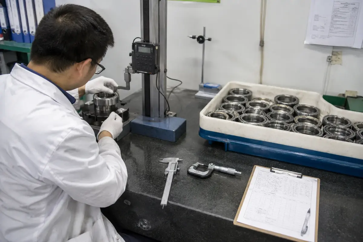 ANDE quality-control technician in a lab coat measuring a bearing ring on a granite table with a height gauge, calipers and micrometer beside a tray of finished bearings