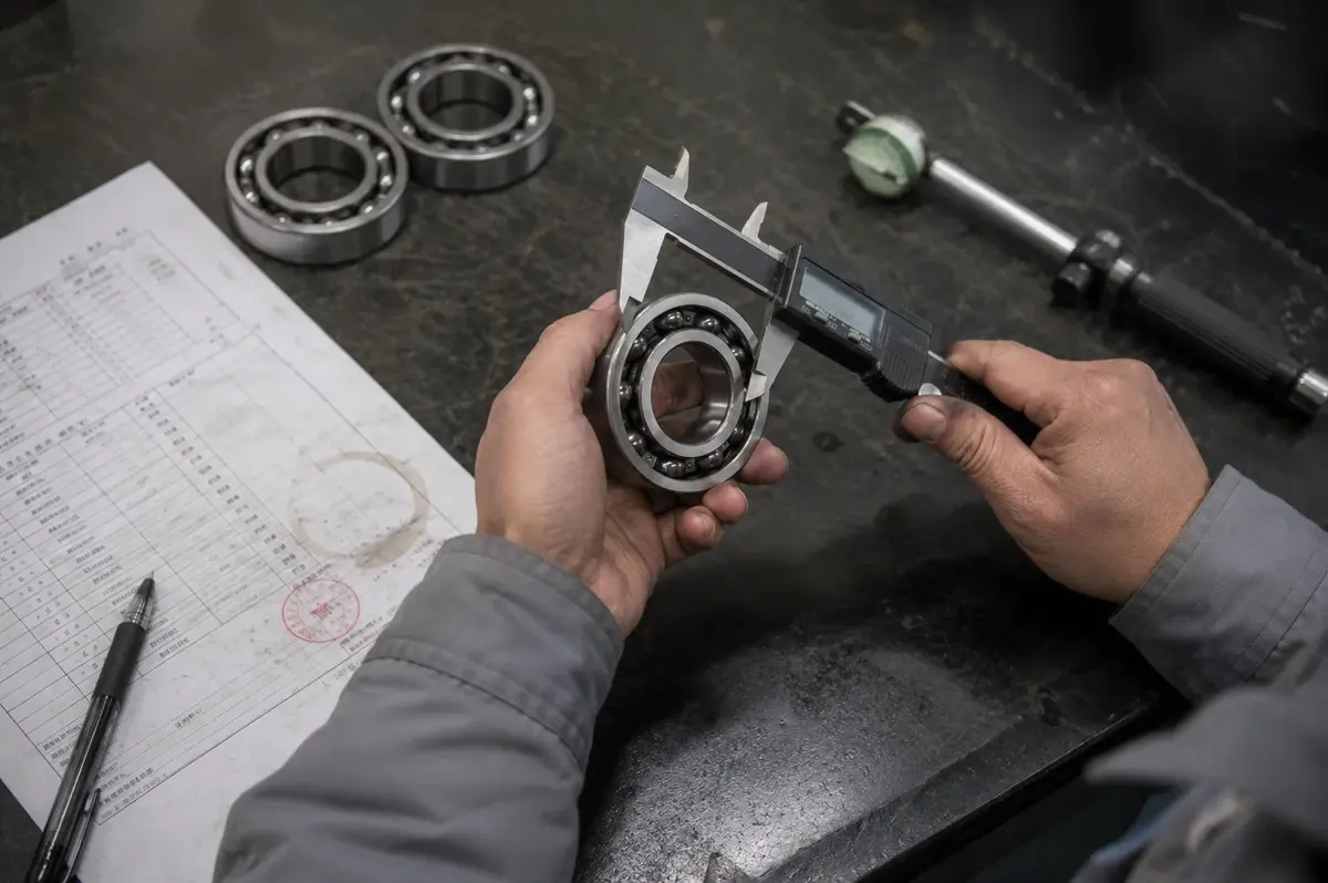 Inspector measuring the outer diameter of a deep-groove ball bearing with a digital caliper, next to a stamped inspection report, sample bearings and a bore gauge on a QC bench
