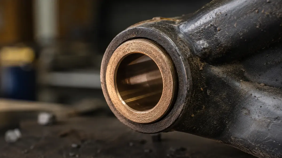 A bronze sleeve bushing press-fit into a heavy-machinery pivot eye, exposed to dust and shock loading