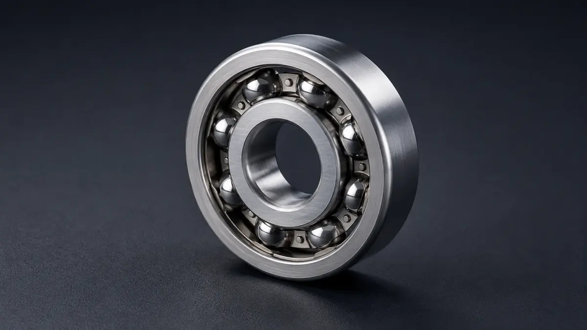 A deep-groove ball bearing showing the inner ring, outer ring, and rolling elements — the architecture that delivers ~10–100× lower friction than plain bearings
