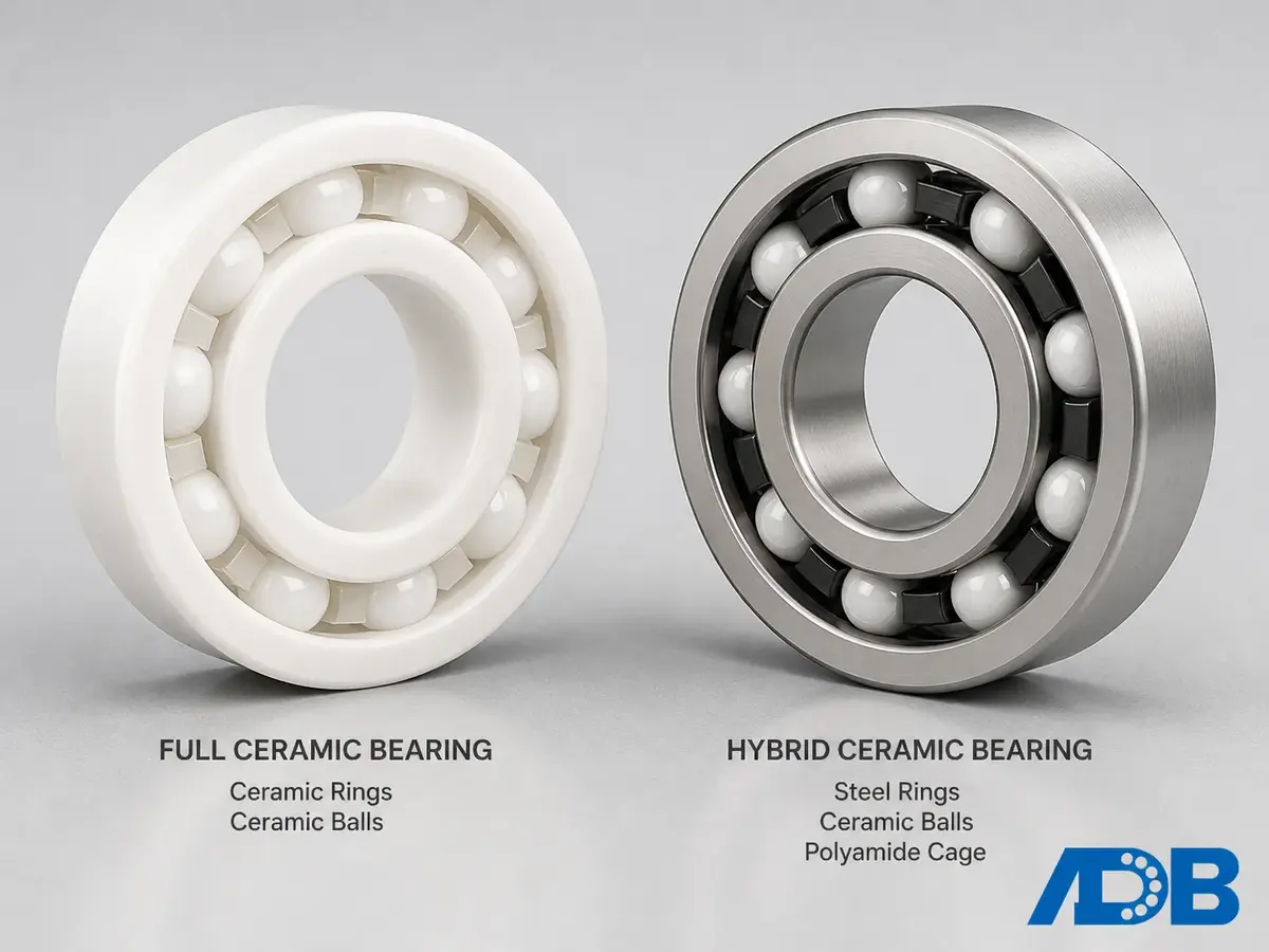 Full ceramic bearing with ceramic rings and balls (left) compared to hybrid ceramic bearing with steel rings and ceramic balls (right)