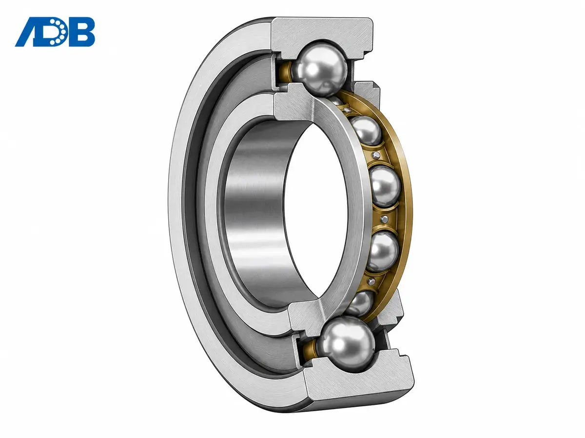 Deep groove ball bearing cross-section showing inner ring, outer ring, balls, and cage