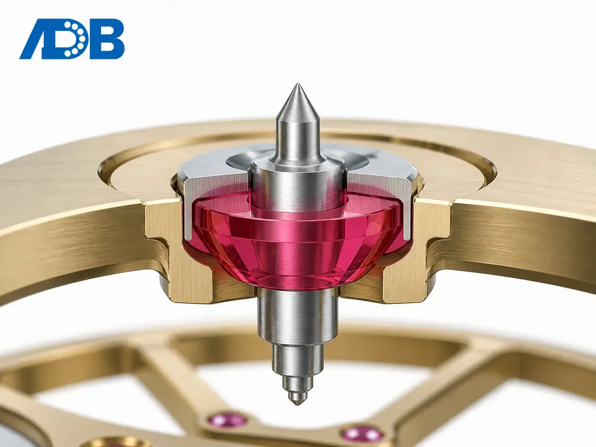 Jewel bearing with synthetic ruby pivot in a precision watch movement