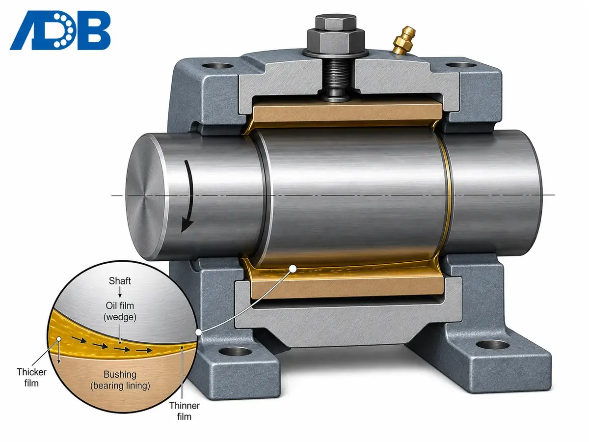 Journal bearing cross-section showing shaft, bushing, and hydrodynamic oil film wedge