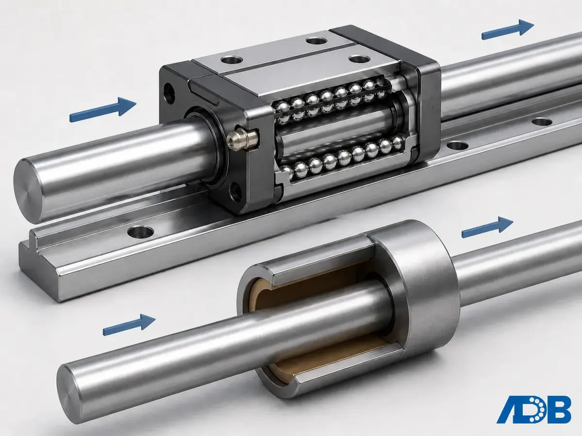 Ball-type linear bearing on guide rail (top) and plain linear bearing with self-lubricating bushing (bottom)