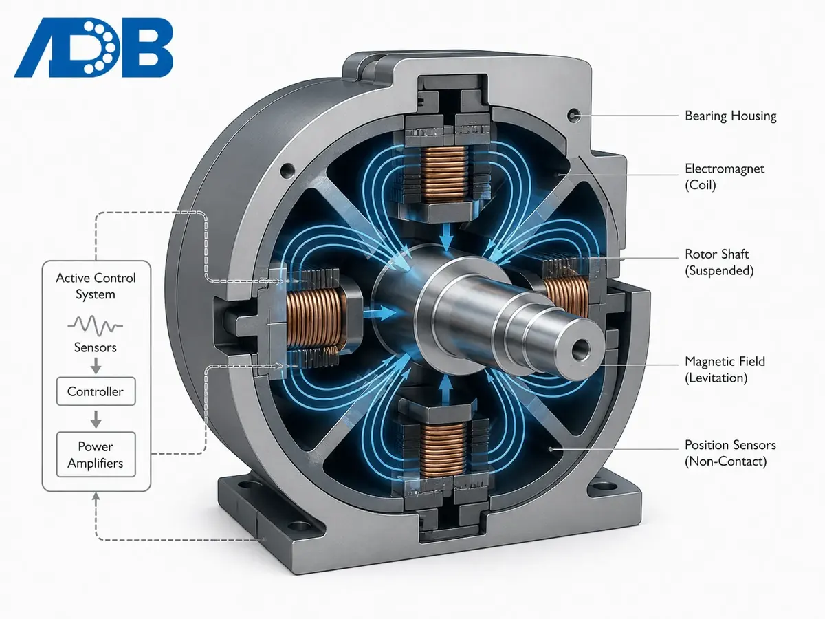 Active magnetic bearing cutaway showing electromagnet coils, rotor shaft, position sensors, and control system