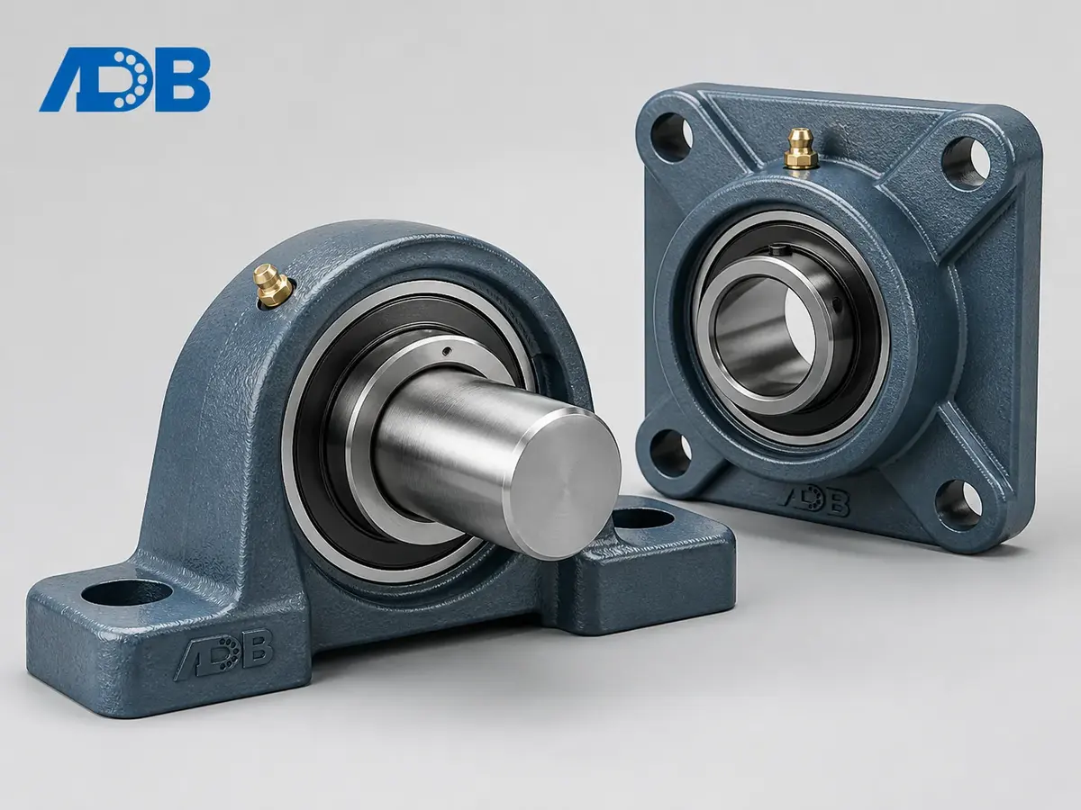 Pillow block mounted bearing (left) and square flange mounted bearing unit (right) with cast iron housings