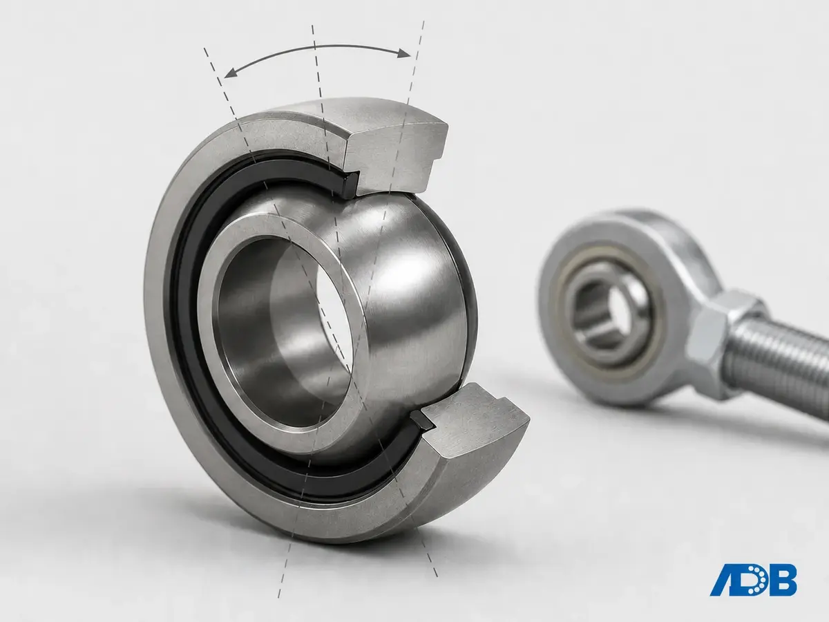 Spherical plain bearing cutaway showing angular misalignment capability, with rod end bearing