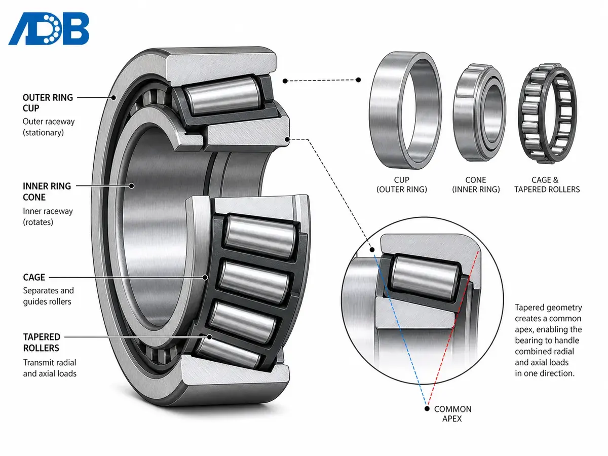 Tapered roller bearing cutaway showing conical rollers, cup (outer ring), cone (inner ring), and common apex