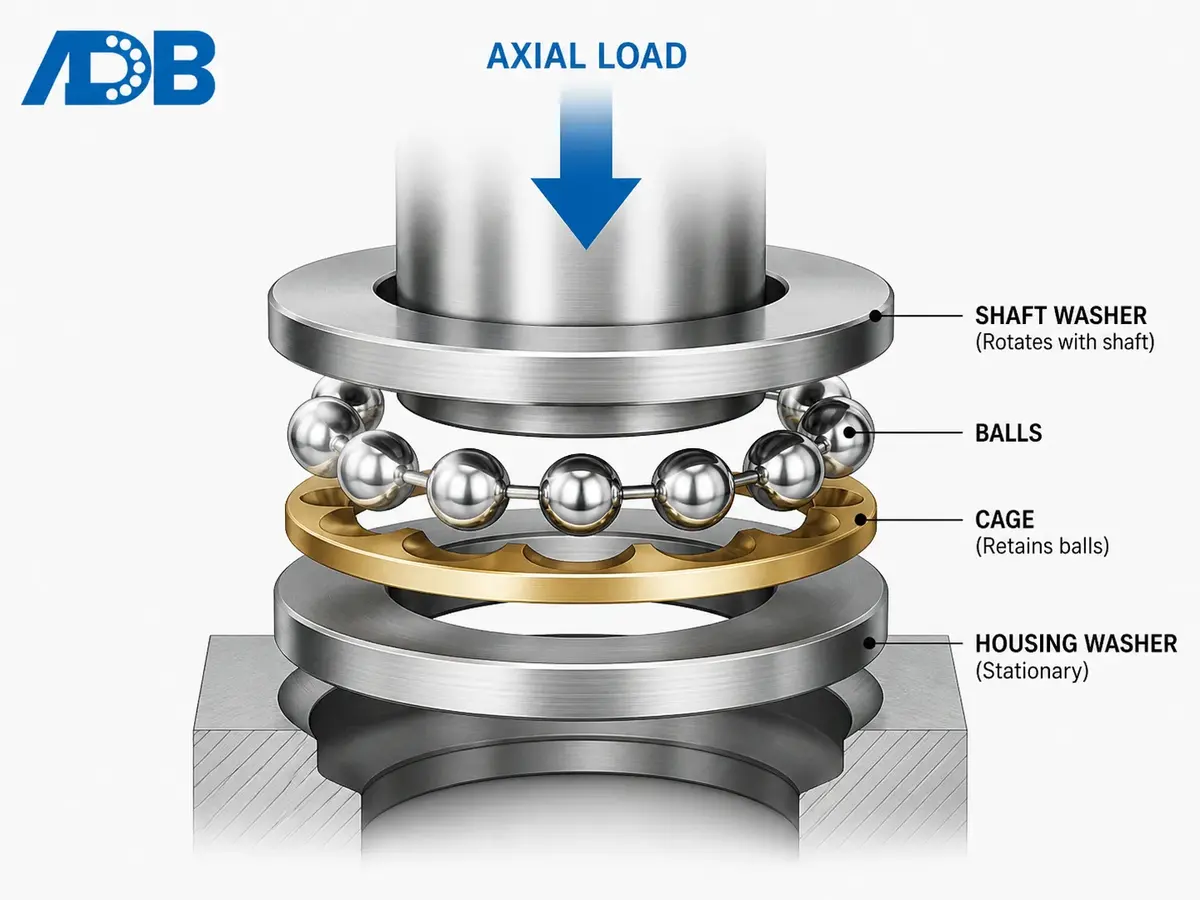 Thrust ball bearing exploded view showing shaft washer, balls, cage, and housing washer with axial load direction