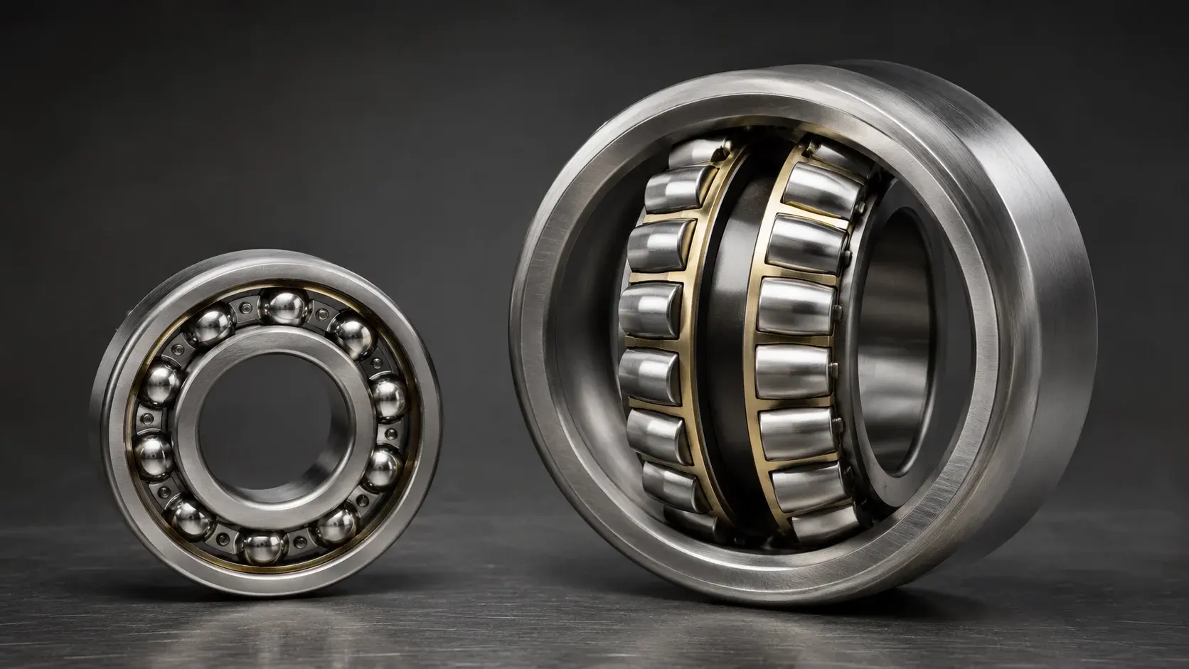 Small deep groove ball bearing beside a much larger spherical roller bearing, contrasting the load ratings of two very different bearing sizes