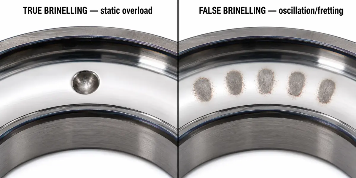 Side-by-side comparison of true brinelling versus false brinelling on bearing inner-ring raceways — left shows a single deep static-overload indentation at one rolling-element contact, right shows a row of evenly-spaced shallow oscillation-fretting wear scars