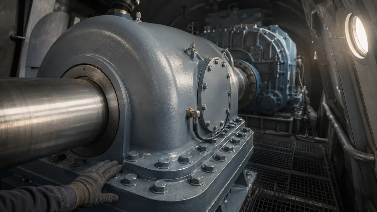 Wind turbine nacelle showing the main shaft bearing — a slow-rotation, static-load-governed bearing application