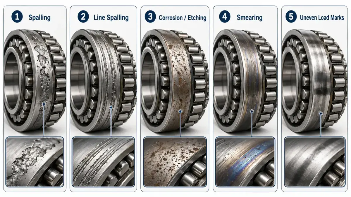 Bearing damage pattern comparison: spalling, line spalling, corrosion, smearing, and uneven load marks on spherical roller bearing raceways