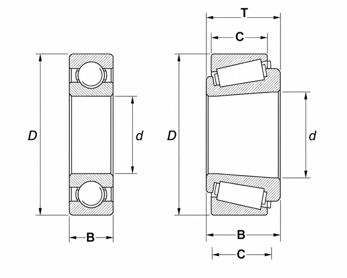 Diagram showing a deep groove ball bearing labeled with bore (d), outer diameter (D), and width (B), alongside a tapered roller bearing labeled with T, B, and C