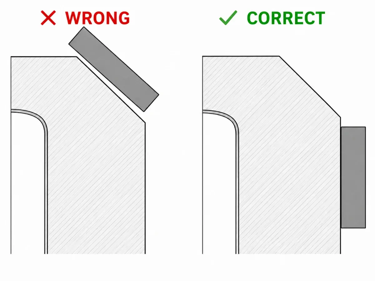 Cross-section diagram comparing two caliper jaw positions on a bearing outer ring — the wrong position resting on the angled chamfer at the edge versus the correct position seated on the flat cylindrical raceway-side face