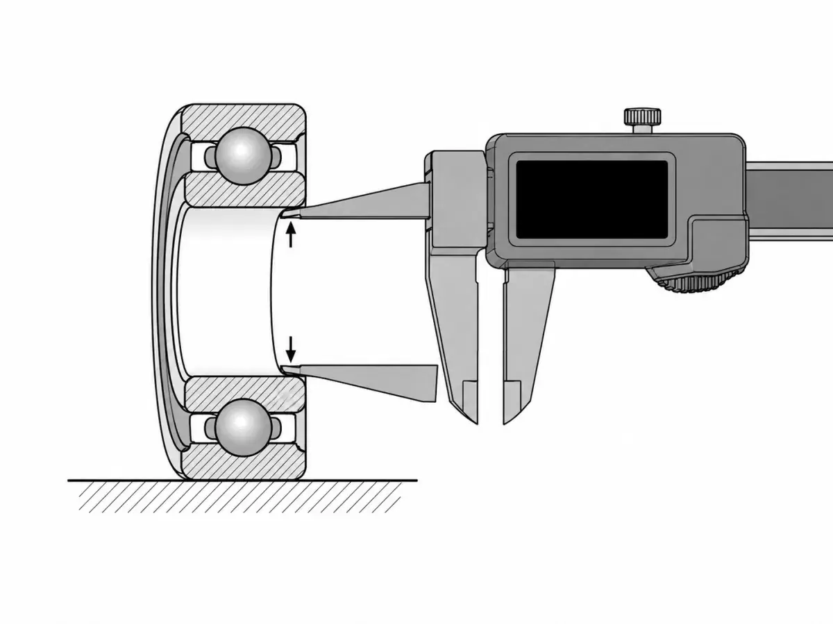 Caliper measuring the bore of a deep groove ball bearing, with the bearing seated flat and the inside jaws engaged