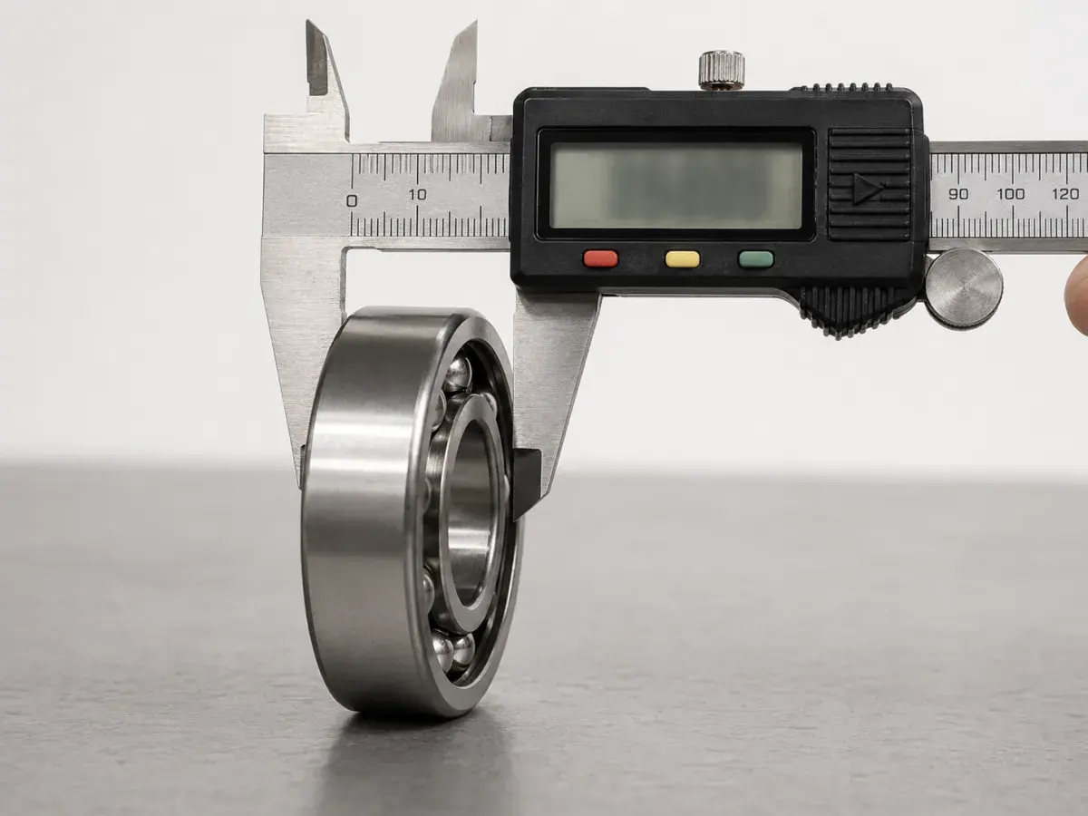 Digital caliper measuring the width of a deep groove ball bearing standing on its outer diameter, with the outside jaws gripping the two side faces to read dimension B