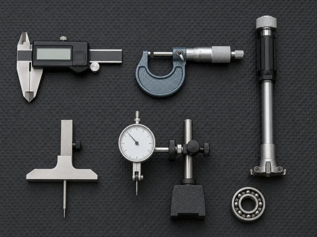 Top-down flat lay of bearing measurement tools — a 0–150 mm digital caliper, outside micrometer, three-point internal bore gauge, depth gauge, and a dial indicator on a magnetic stand — arranged on a workbench mat with a small ball bearing for scale