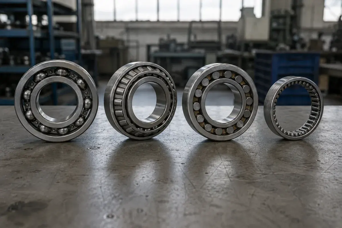 Four bearing types side by side on a factory workbench: a single-row deep groove ball bearing, a tapered roller bearing, a cylindrical roller bearing, and a needle roller bearing