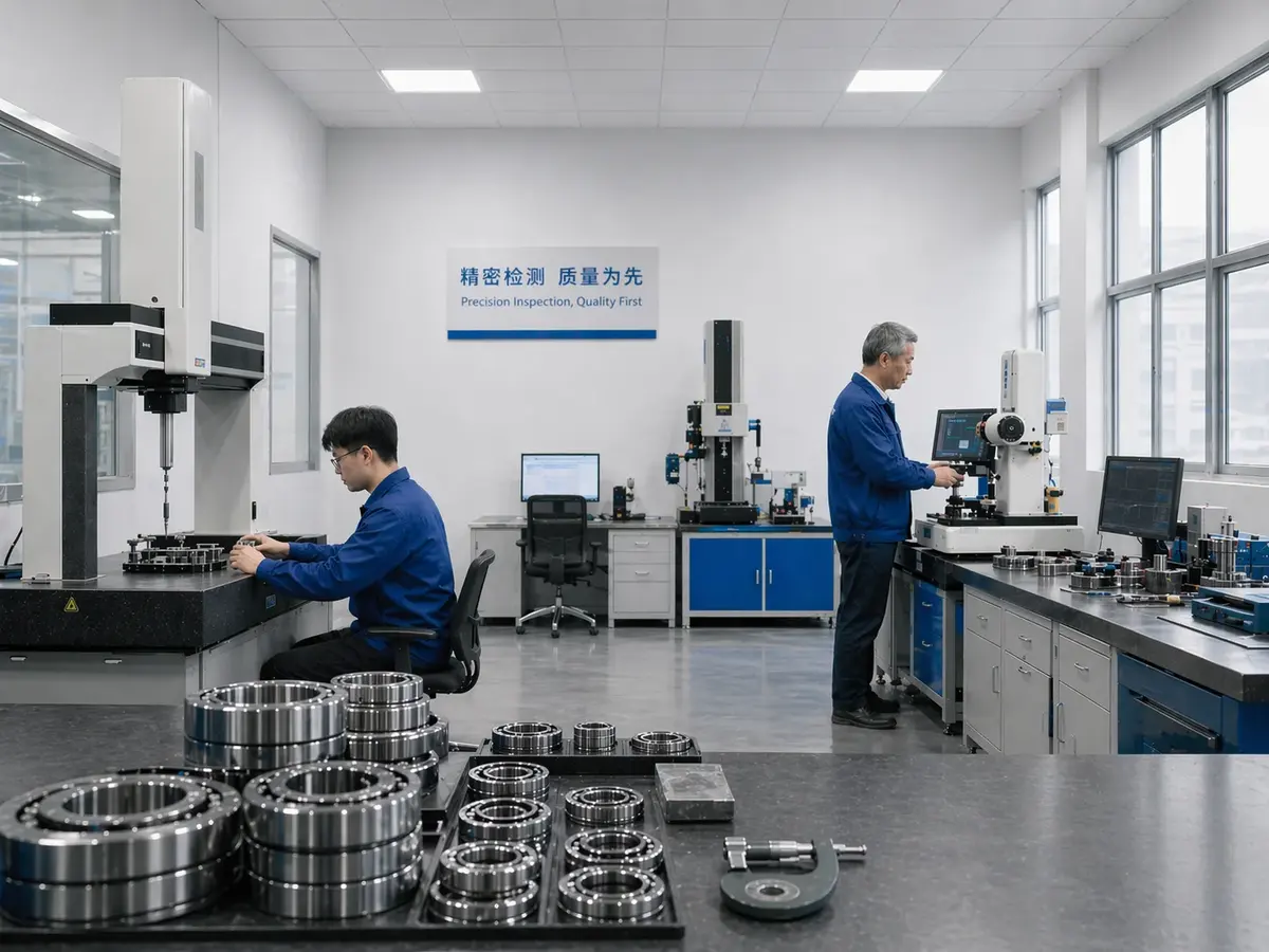 ANDE quality-control engineer inspecting a finished bearing ring under measurement equipment to verify its dimensions match the stamped designation