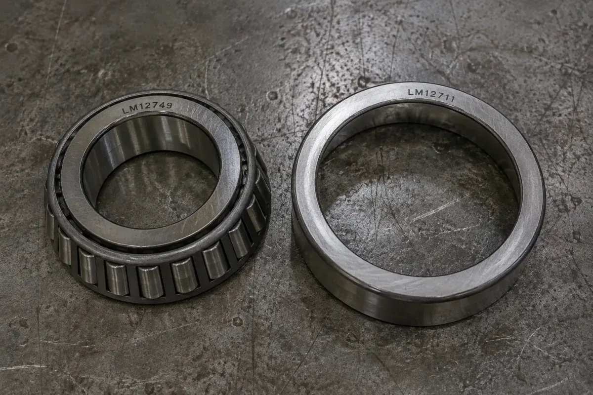 Inch-series tapered roller bearing separated into two parts on a steel bench: the cone with its tapered rollers stamped LM12749 on the left, and the detached outer cup stamped LM12711 on the right