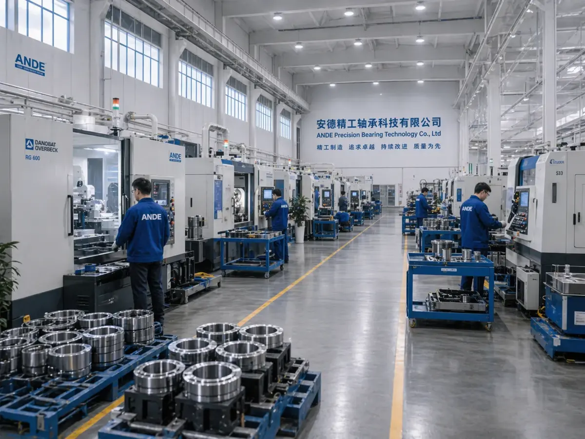 CNC precision grinding machines and machined bearing rings on pallets inside the ANDE bearing plant, where tolerance class is held