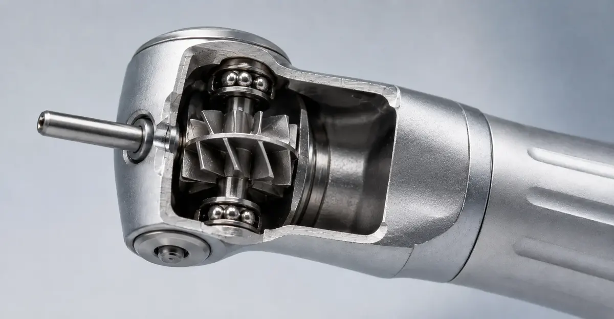 Cutaway of a dental air-turbine handpiece head showing the miniature precision ball bearings that support the bladed turbine rotor at speeds up to 500,000 rpm
