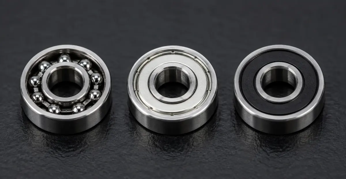 Three miniature ball bearings side by side showing an open bearing with a steel crown cage, a metal-shielded ZZ bearing, and a rubber-sealed 2RS bearing
